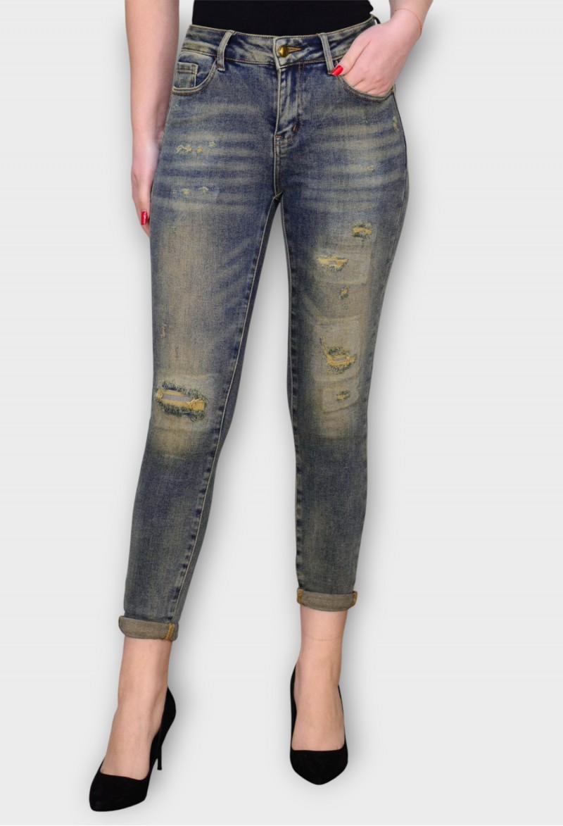 Blugi Bleumarin Skinny Decolorati cu Talie Inalta si Rupturi
