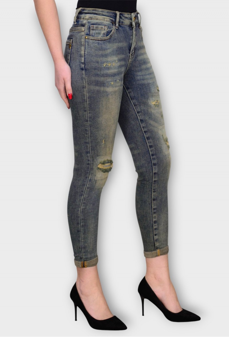 Blugi Bleumarin Skinny Decolorati cu Talie Inalta si Rupturi