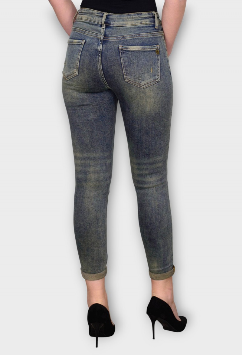 Blugi Bleumarin Skinny Decolorati cu Talie Inalta si Rupturi